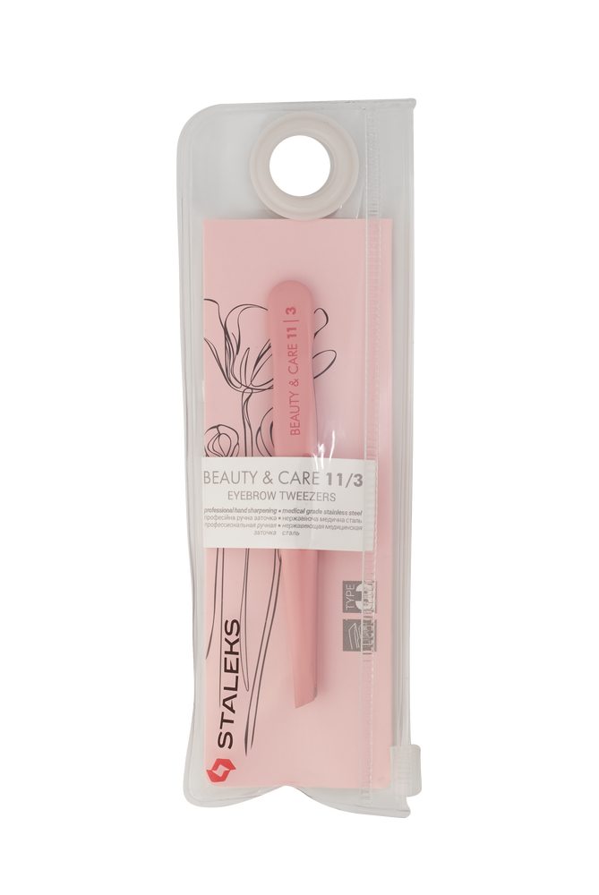 Eyebrow tweezers BEAUTY & CARE 11 TYPE 3 (wide slant), pink color TBC-11/3