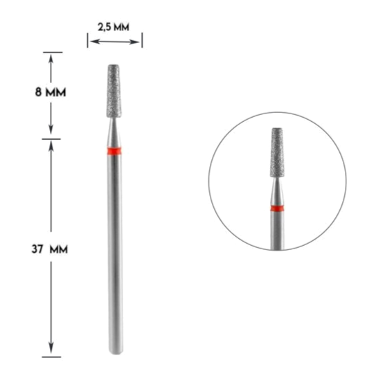 Diamond nail drill bit, "frustum", red, head diameter 2,5 mm / working part 8 mm -FA70R025/8