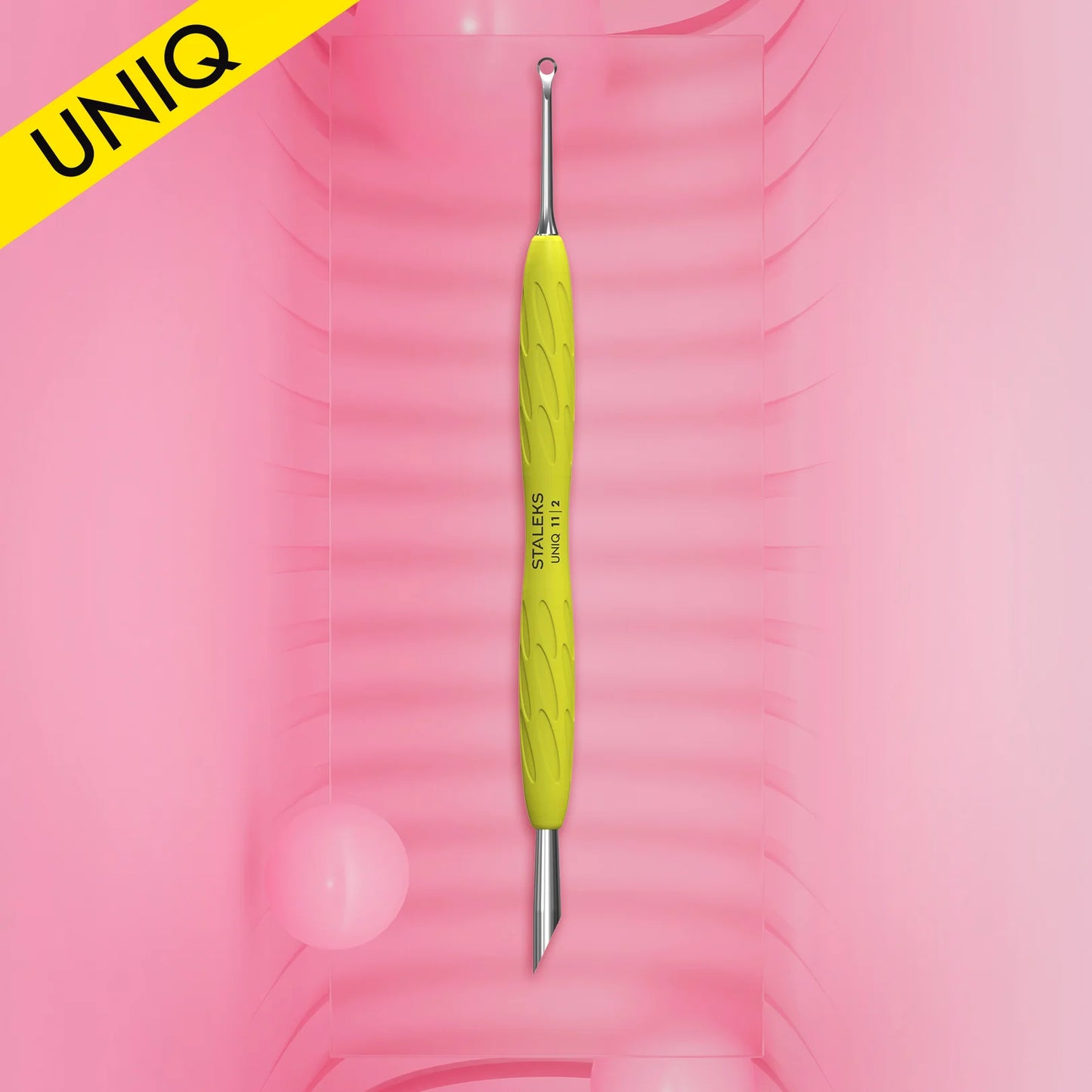 Manicure Pusher With Silicone Handle "Yellow" UNIQ 11 TYPE 2 (Slanted Pusher + Ring) PQ-11/2y STALEKS